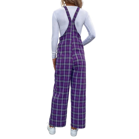 Retro Purple Plaid Sleeveless Suspender Jumpsuit for Women