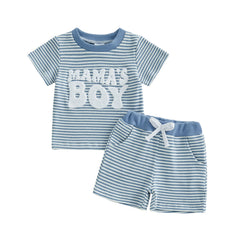 Children's blue and white striped shirt and shorts set with 'Mama's Boy' text on a white background