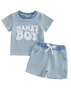 Children's blue and white striped shirt and shorts set with 'Mama's Boy' text on a white background
