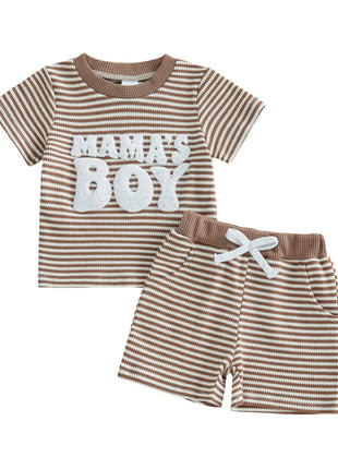 Children's striped outfit with 'Mama's Boy' text on a white background