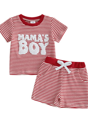 Red and white striped children's outfit with 'Mama's Boy' text on a white background