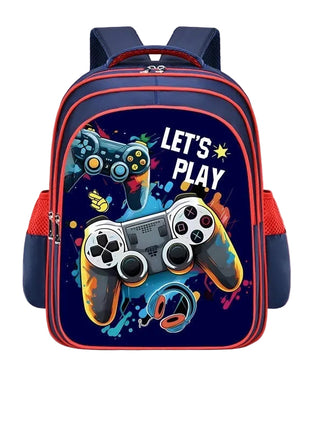 Backpack with gaming console design and 'Let's Play' text on a pink background
