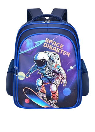 Backpack with space-themed design and astronaut on a blue background
