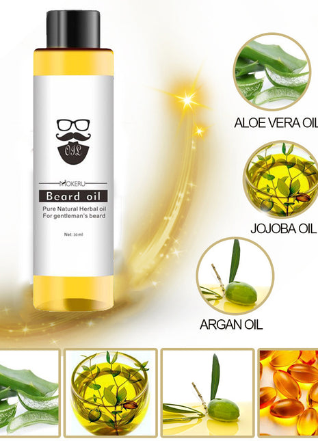 Bottle of beard oil with ingredients displayed on a white background