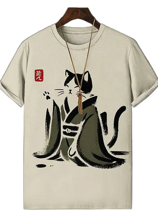 Beige t-shirt with a black cat design on a gray background