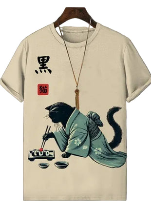 Beige t-shirt with a black cat in a green kimono design on a gray background