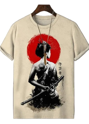 Beige t-shirt with a graphic design of a woman holding a sword against a red sun on a gray background