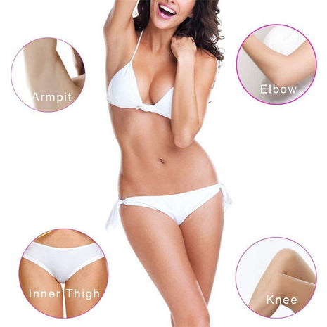 Woman wearing a white bikini with close-up insets of armpit, elbow, inner thigh, and knee areas.