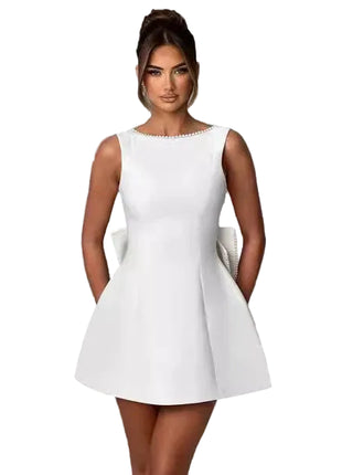 Elegant White Pearl Bow A-Line Dress