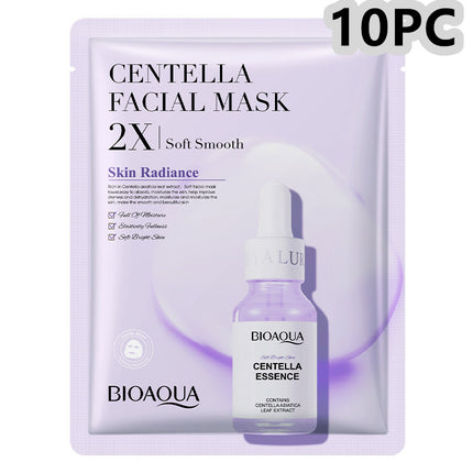 Bioaqua Centella Facial Mask packaging with a bottle of Bioaqua Centella Essence on a white background