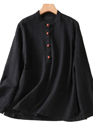 Black cotton and linen long sleeve blouse with drop-shoulder sleeves and a minimalist stand-up collar.