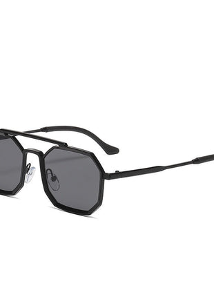 Black sunglasses with a hexagonal frame on a white background