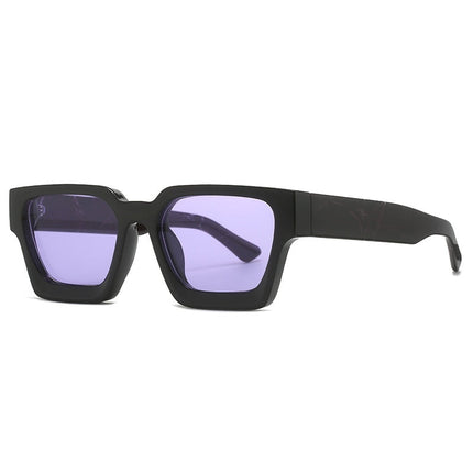 Black sunglasses with purple lenses on a white background