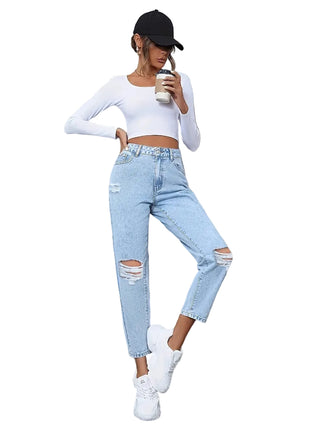 Blue straight-leg ripped jeans for women with comfortable cotton denim and trendy fashion design.