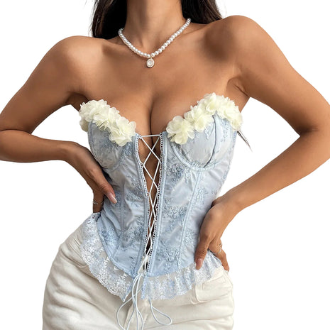 Blue floral embroidered chest-wrapped top with delicate lace trim and a feminine cropped silhouette.