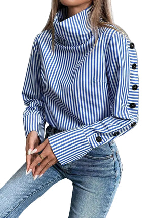 Blue striped long sleeve blouse made from breathable polyester fabric for comfortable all-day wear.