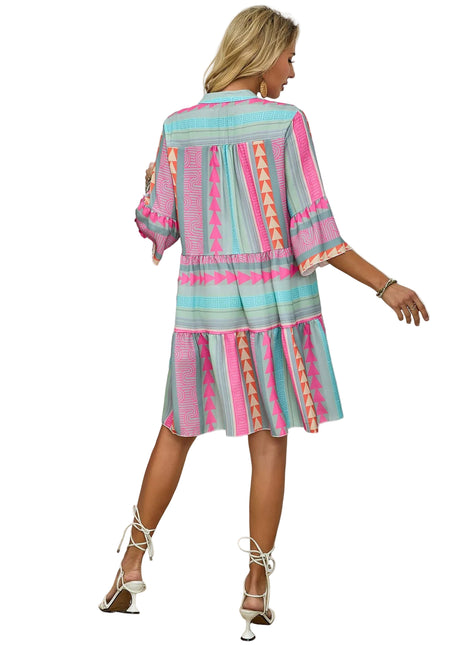 Bohemian summer dress with light blue, pink, beige, and orange mixed color pattern.