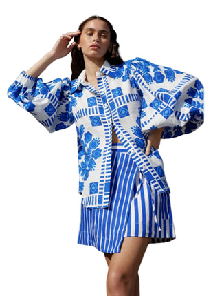 Women's Blue Linen Matching Outfit with Short Skirt