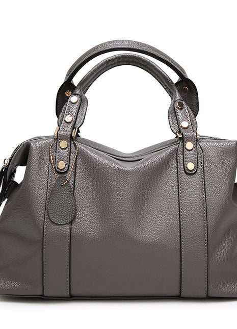 Boston Rivet Design Shoulder Handbag – Premium Genuine Leather with Timeless Sophistication grey