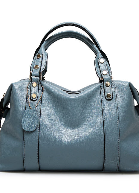 Boston Rivet Design Shoulder Handbag – Premium Genuine Leather with Timeless Sophistication light blue