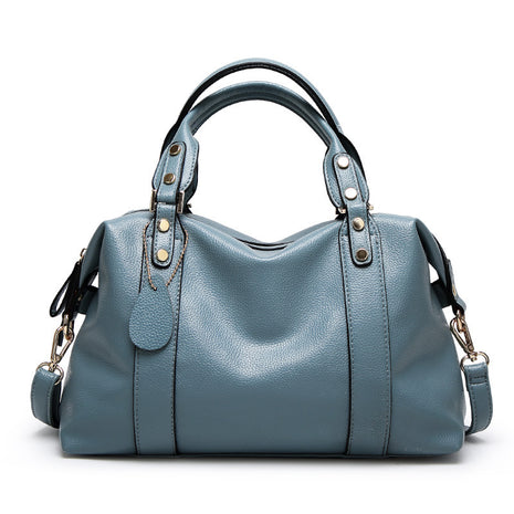 Boston Rivet Design Shoulder Handbag – Premium Genuine Leather with Timeless Sophistication light blue