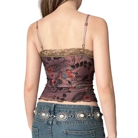 Brown floral mesh camisole with a slim fit and elegant lace edging for stylish summer outfits.
