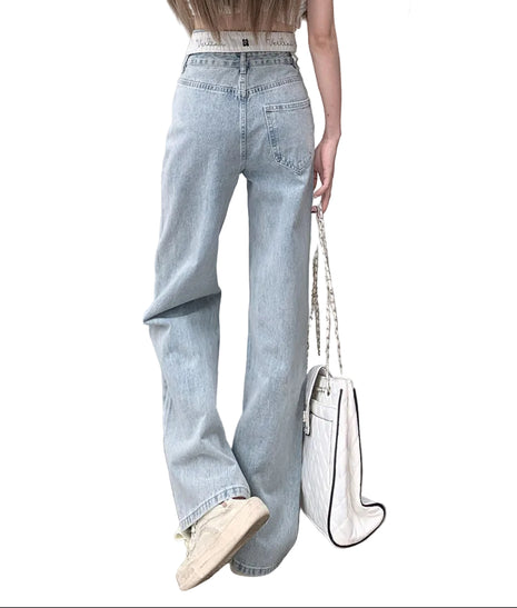 Casual women’s denim jeans with high waist fit, button accents, and versatile everyday styling.
