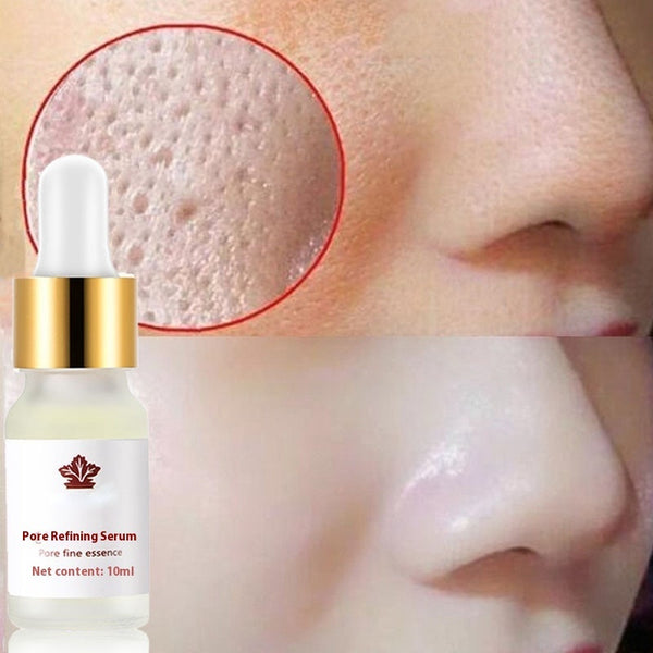 Pore refining serum bottle with close-up of skin showing pores before and after treatment.