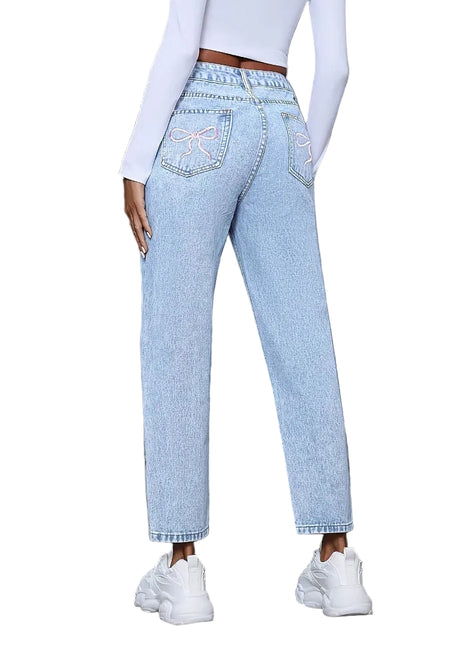 Casual women’s distressed denim pants featuring ripped details and relaxed straight-leg fit.