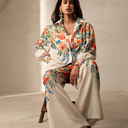 Casual Fashion Floral Print Women Blouse And Pants Suit