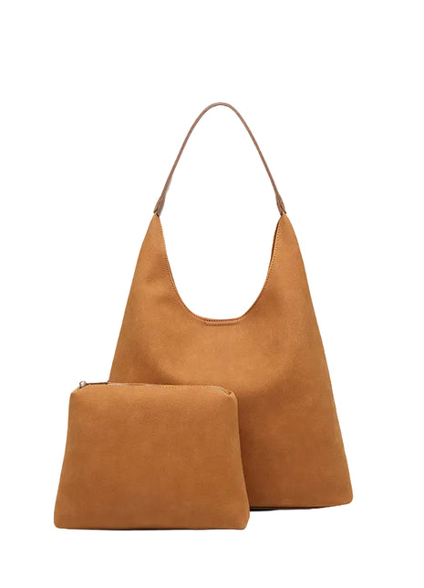 Casual Faux Leather Tote Handbag | Large PU Leather Shoulder Bag with Pouch Maillard brown