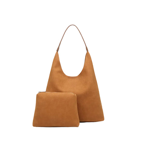 Casual Faux Leather Tote Handbag | Large PU Leather Shoulder Bag with Pouch Maillard brown
