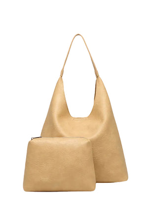 Casual Faux Leather Tote Handbag | Large PU Leather Shoulder Bag with Pouch beige