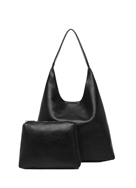 Casual Faux Leather Tote Handbag | Large PU Leather Shoulder Bag with Pouch black