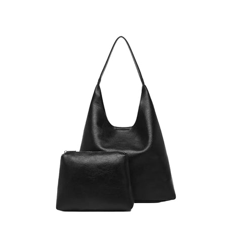 Casual Faux Leather Tote Handbag | Large PU Leather Shoulder Bag with Pouch black