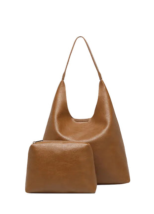 Casual Faux Leather Tote Handbag | Large PU Leather Shoulder Bag with Pouch brown