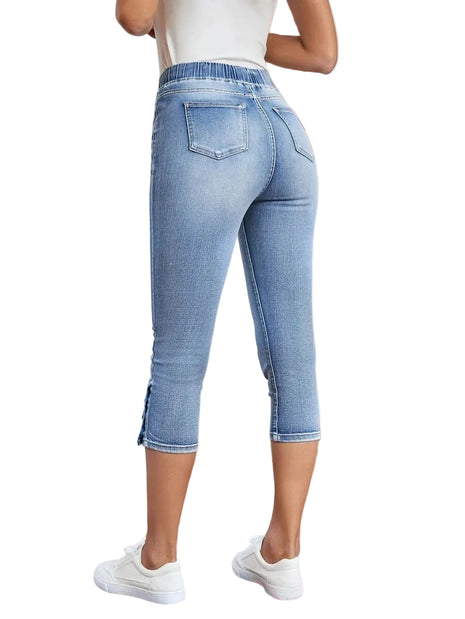 Casual women’s stretch denim jeans with flexible waistband and modern everyday fashion style.