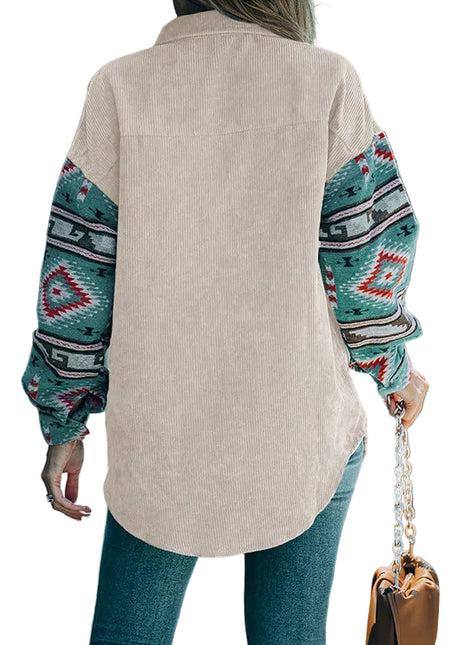 Casual button-up long shirt with an artistic ethnic-inspired pattern and classic lapel collar.