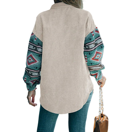 Casual button-up long shirt with an artistic ethnic-inspired pattern and classic lapel collar.
