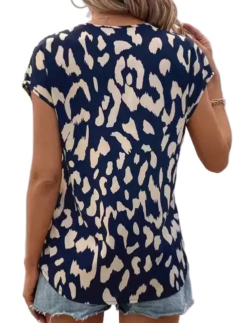 Casual women's streetwear T-shirt with an eye-catching animal pattern, V-neckline, and lightweight polyester fabric.