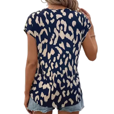 Casual women's streetwear T-shirt with an eye-catching animal pattern, V-neckline, and lightweight polyester fabric.