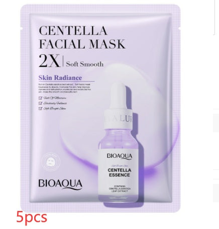 Bioaqua Centella Facial Mask packaging with a bottle of Bioaqua Centella Essence on a white background