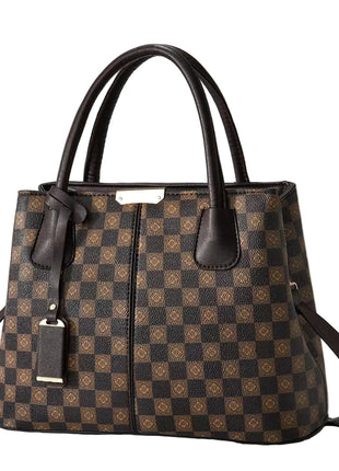 Checkerboard Tote Portable Shoulder Handbag | Women's PU Leather Work Tote brown