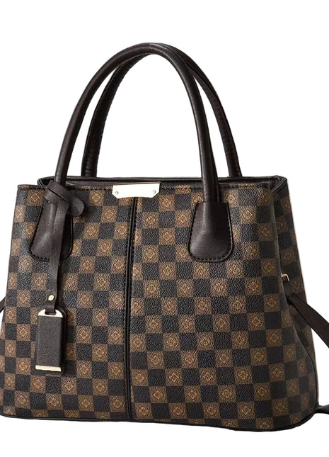 Checkerboard Tote Portable Shoulder Handbag | Women's PU Leather Work Tote brown