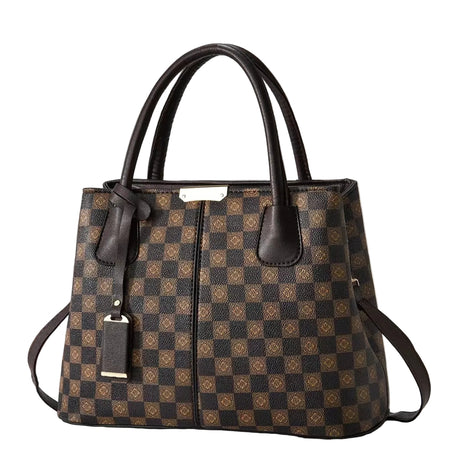 Checkerboard Tote Portable Shoulder Handbag | Women's PU Leather Work Tote brown