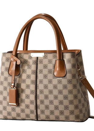 Checkerboard Tote Portable Shoulder Handbag | Women's PU Leather Work Tote khaki
