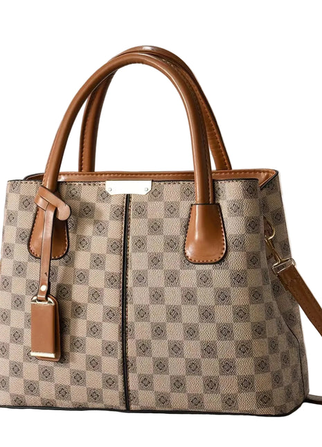 Checkerboard Tote Portable Shoulder Handbag | Women's PU Leather Work Tote khaki
