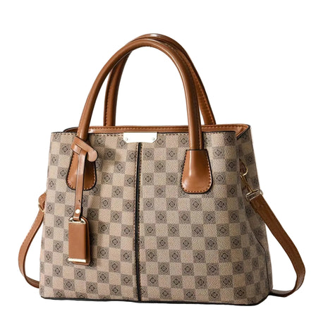 Checkerboard Tote Portable Shoulder Handbag | Women's PU Leather Work Tote khaki
