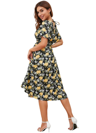Black and Yellow Bohemian Midi Dress with Elastic Waist