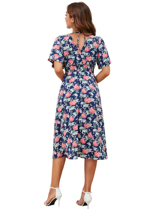 Dark Blue Bohemian Midi Dress with Elastic Waist
